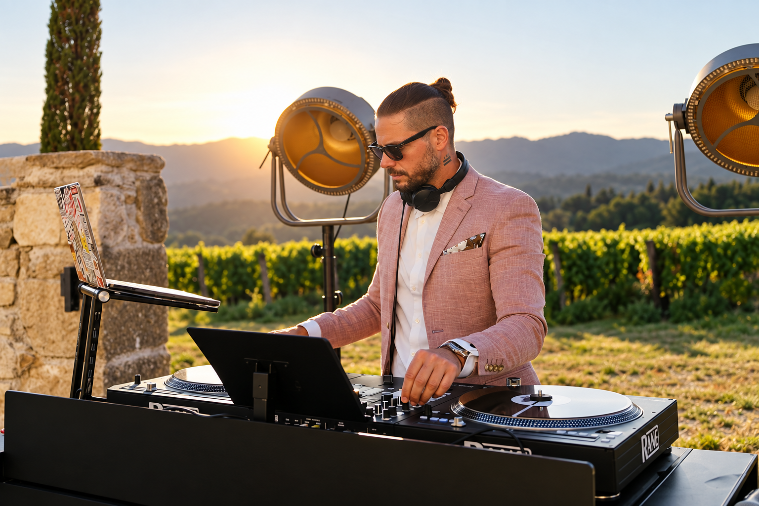 Luca mixing in a pink jacket outdoors in warm evening light